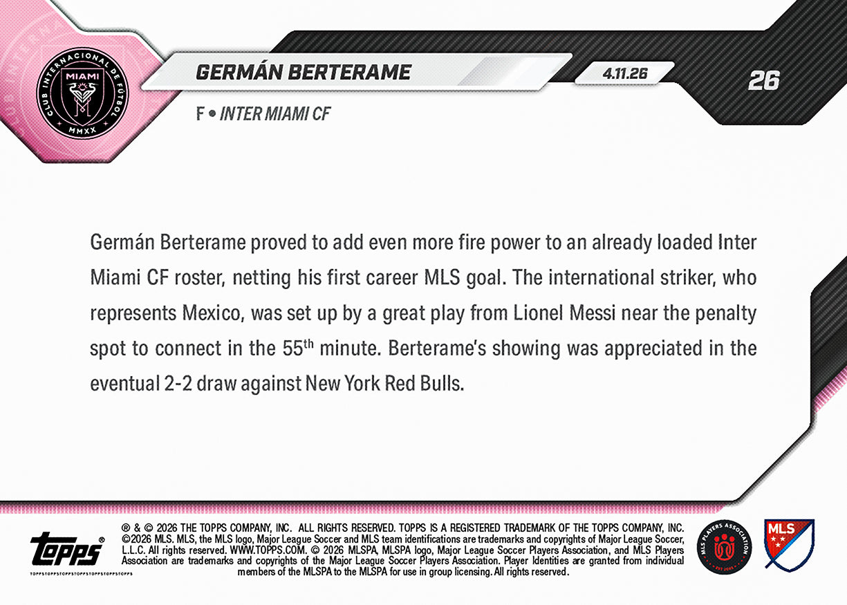 Germán Berterame - 2026 MLS Topps NOW - Card 26 - PR: 285 - Image 2
