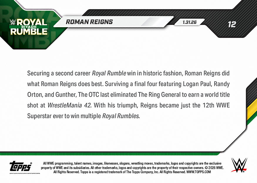 Roman Reigns - 2026 WWE Topps NOW - Card 12 - PR: 3906 - Image 3
