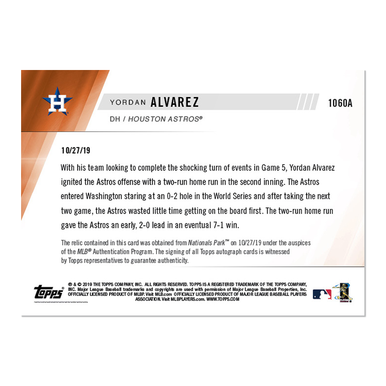 On-Card Auto Relic # to 99 - Yordan Alvarez - MLB TOPPS NOW Card 1060A - Image 2