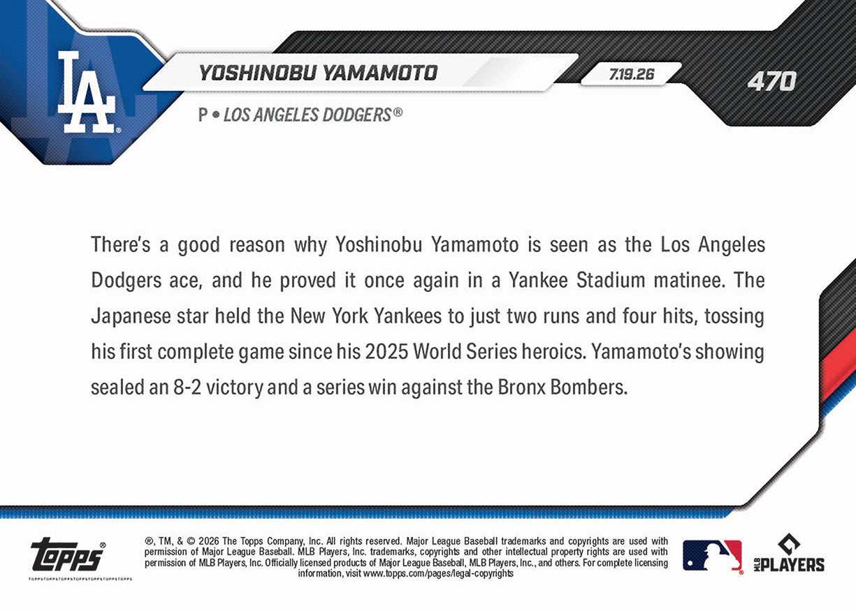 Yoshinobu Yamamoto - 2026 MLB Topps NOW - Card 470 - PR: 4580 - Image 2