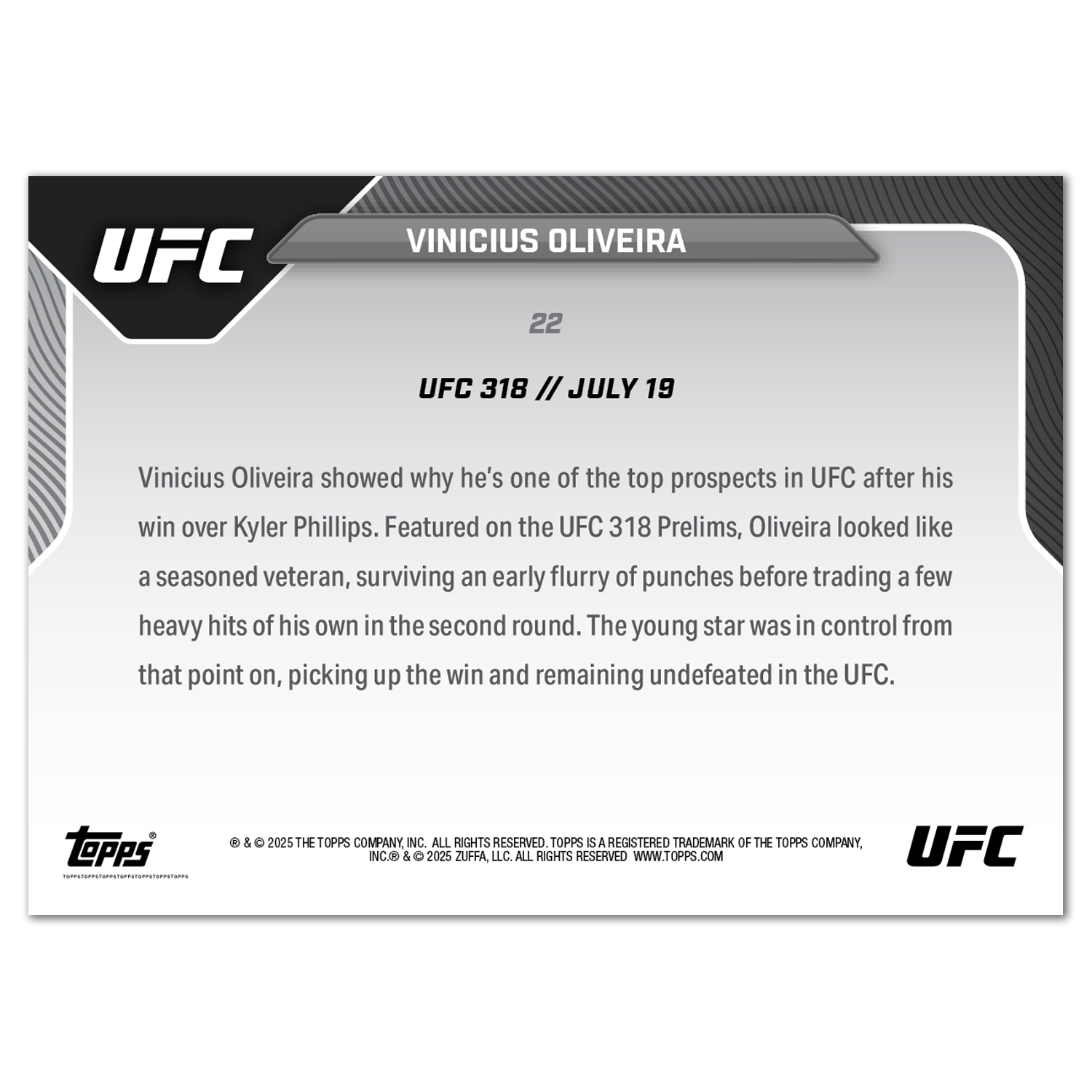 Vinicius Oliveira - 2025 UFC Topps NOW - Card 22 - PR: 396 - Image 3