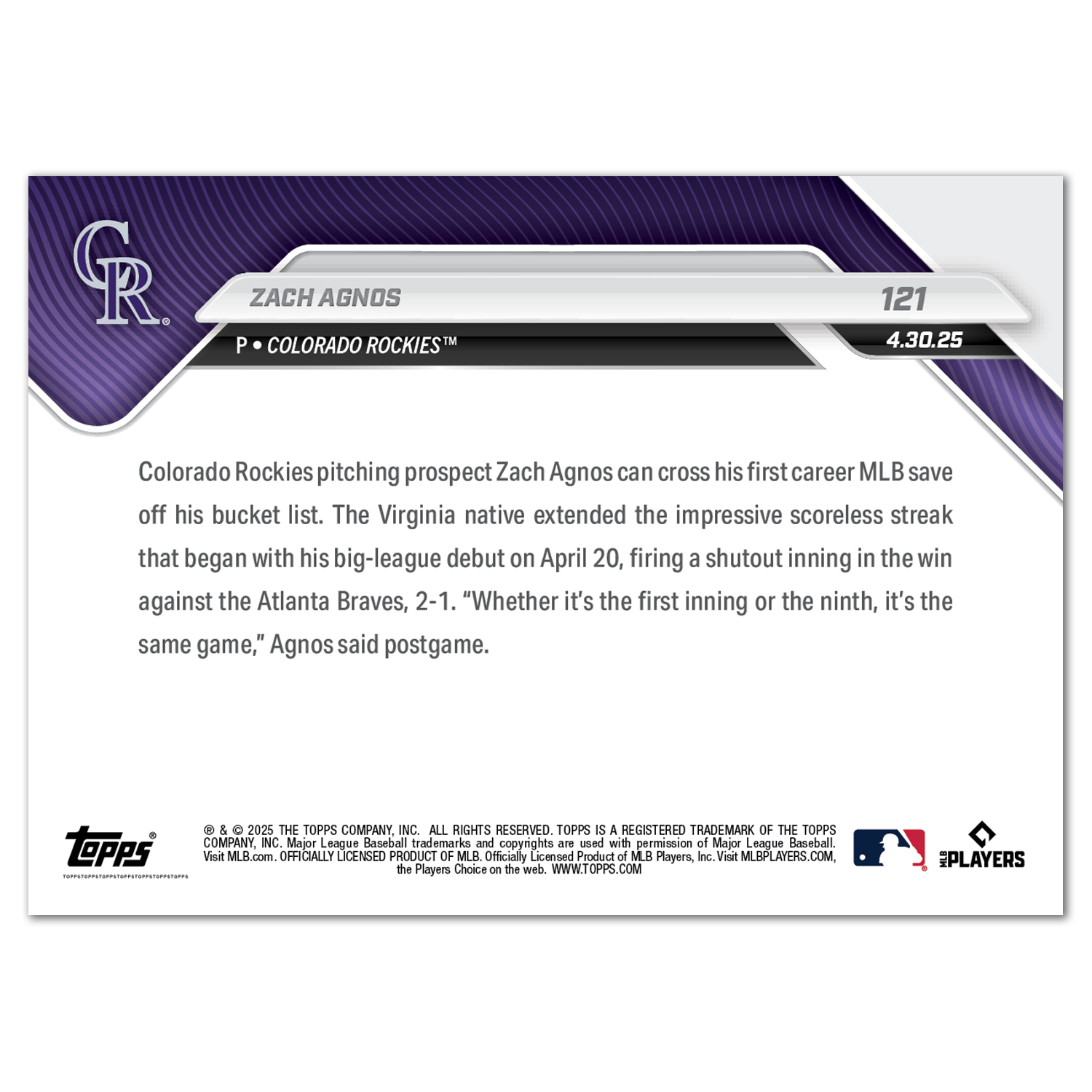Alternative view of Zach Agnos - 2025 MLB Topps NOW - Card 121 - PR: 423