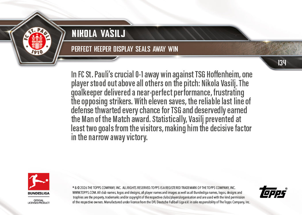 Nikola Vasilj - 2025-26 Bundesliga Topps NOW - Card 134 - PR: 371 - Image 7