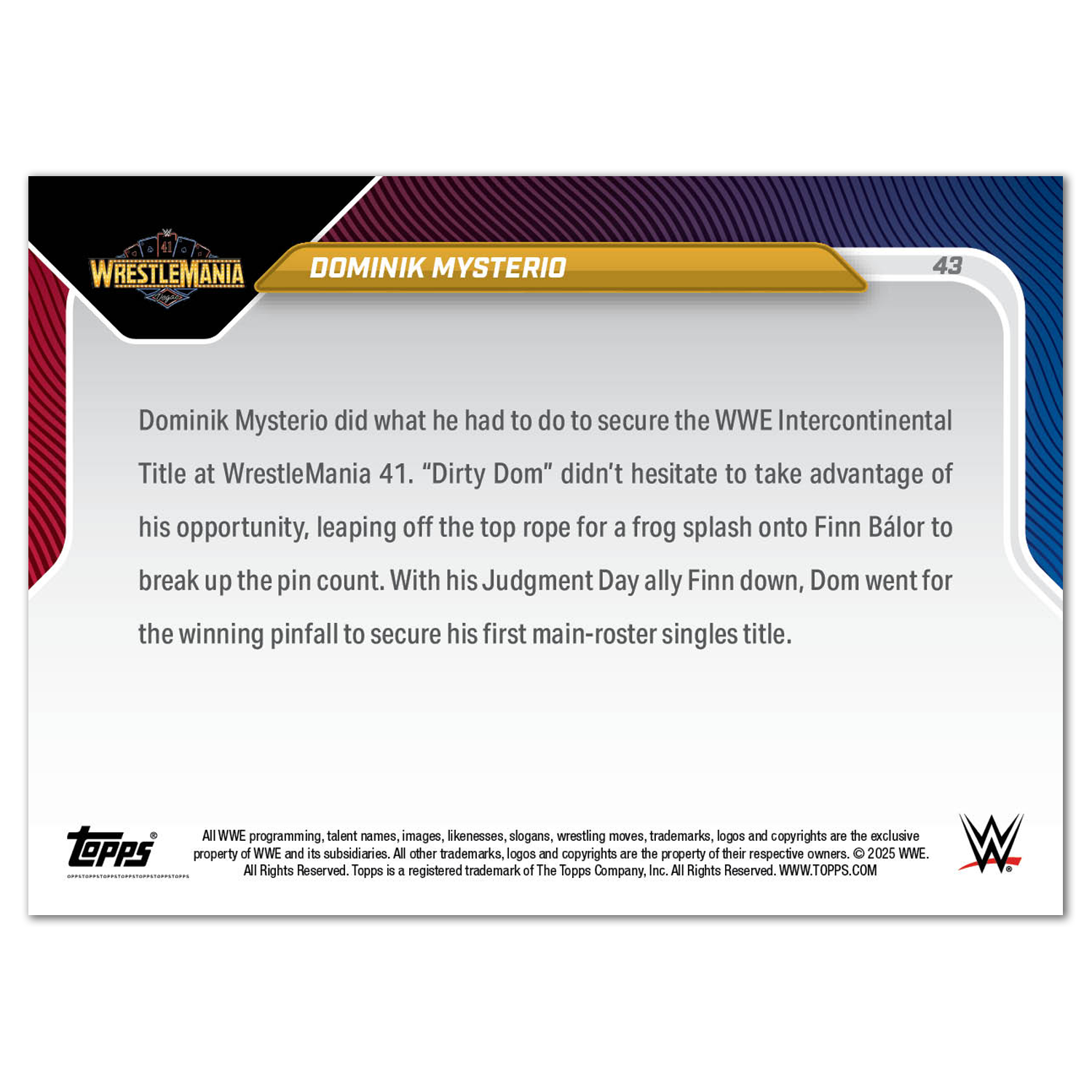 Dominik Mysterio - 2025 WWE Topps NOW - Card 43 - LOOK FOR AUTOS - PR: 6671 - Image 3