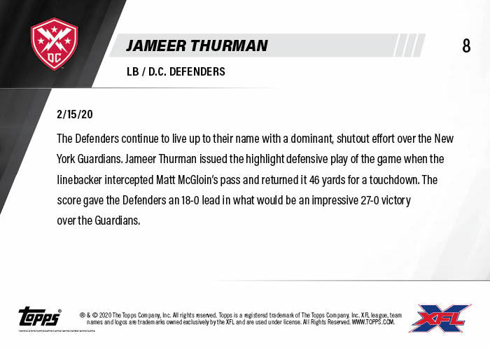 Jameer Thurman - XFL TOPPS NOW Card 8 - Print Run: 182 - Image 2