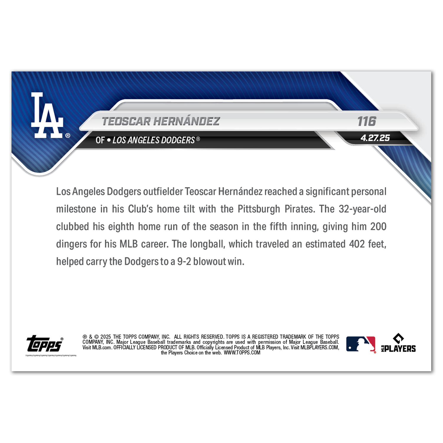 Teoscar Hernández - 2025 MLB Topps NOW - Card 116 - PR: 1146 - Image 2