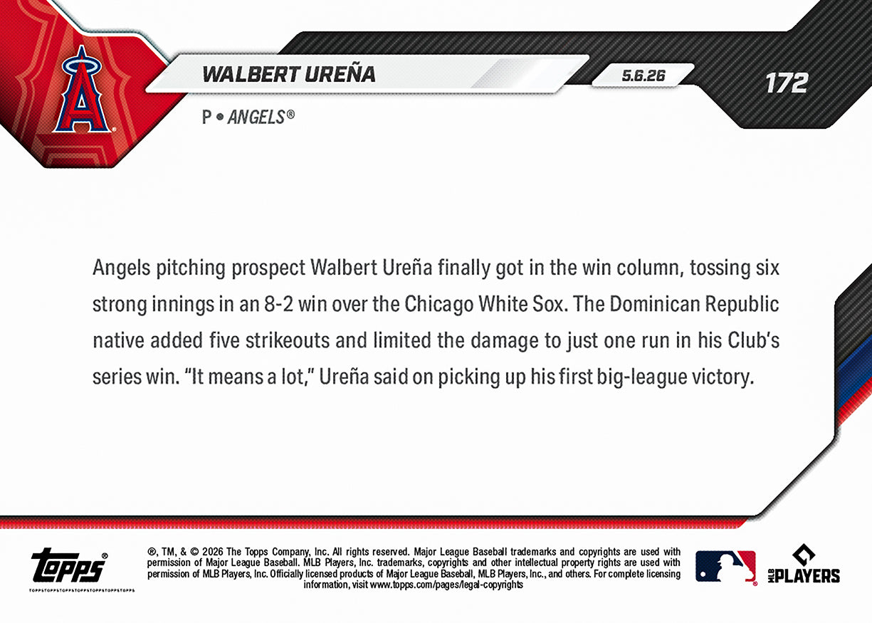 Alternative view of Walbert Ureña - 2026 MLB Topps NOW - Card 172 - PR: 491