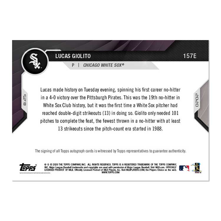 On-Card Auto # to 5 - Lucas Giolito - MLB TOPPS NOW Card 157E - Image 2