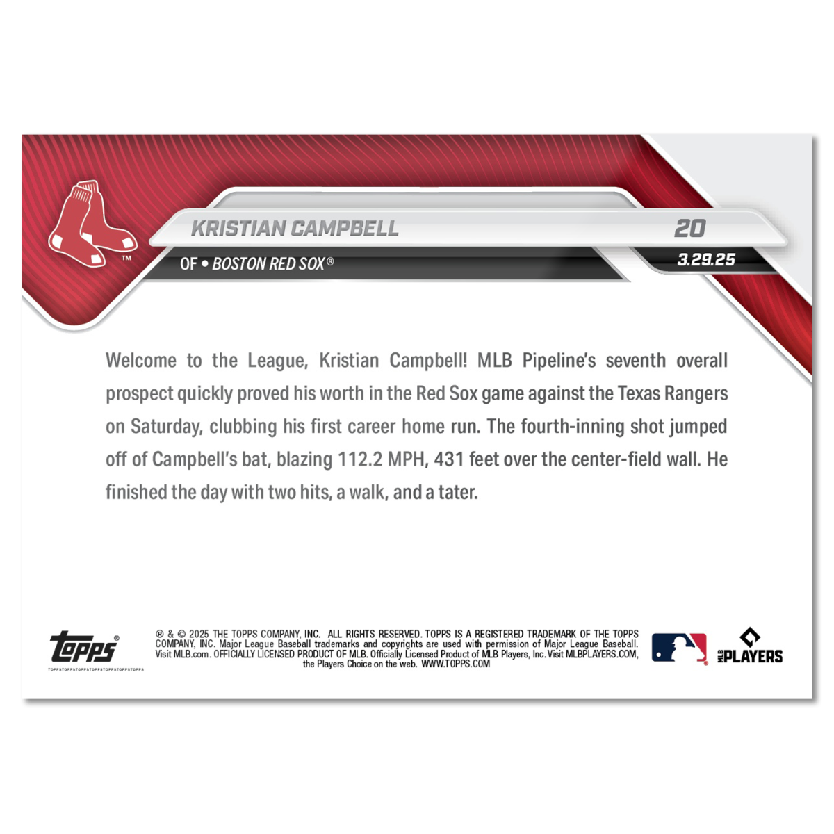 Kristian Campbell - 2025 MLB Topps NOW - Card 20 - PR: 2633 - Image 2