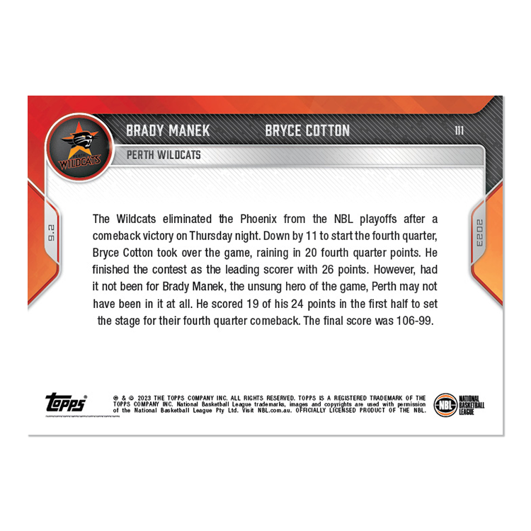 Brady Manek/Bryce Cotton - 2022-23 NBL TOPPS NOW Card 111 - PR: 67 - Image 2
