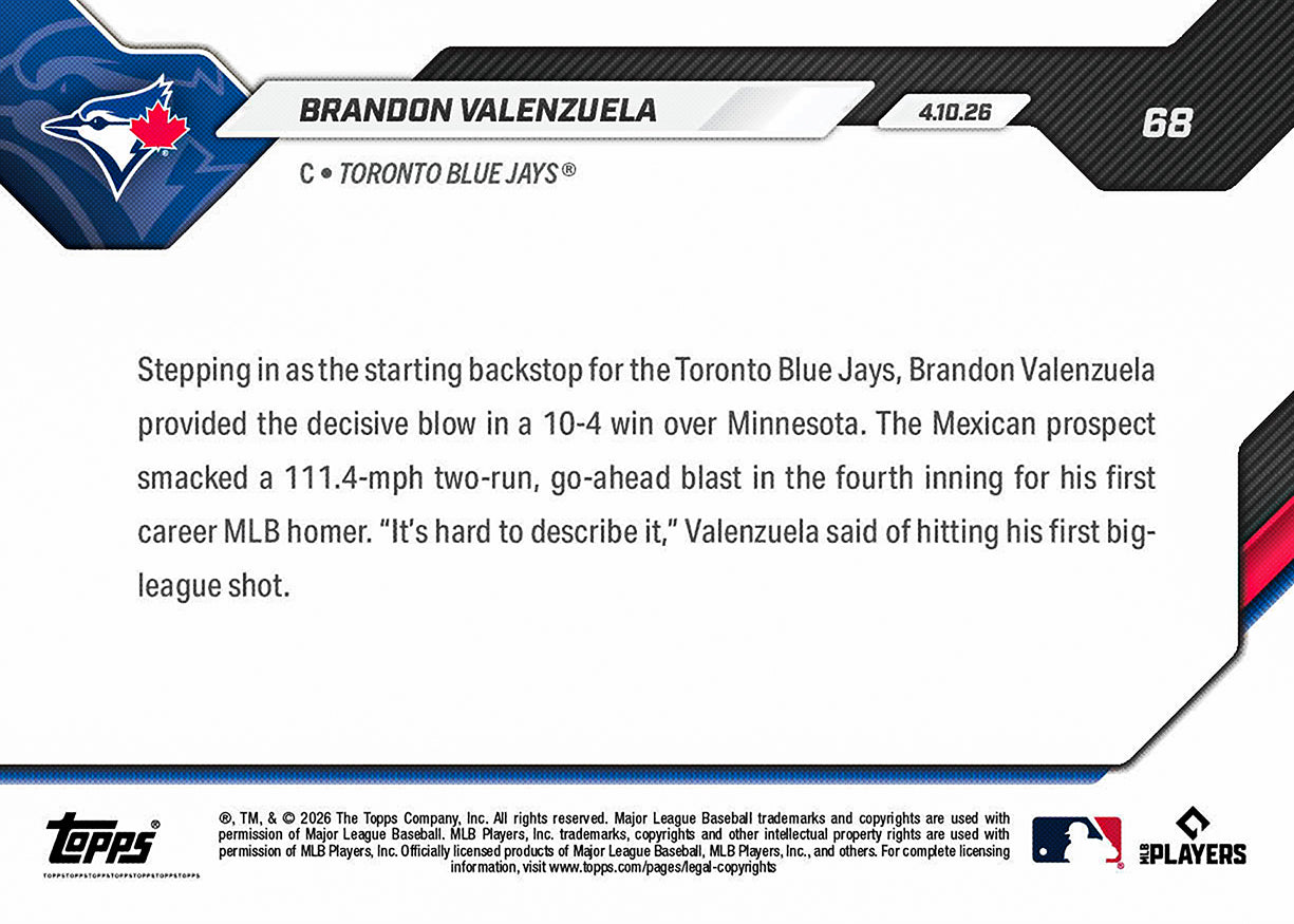 Brandon Valenzuela - 2026 MLB Topps NOW - Card 68 - PR: 899 - Image 2