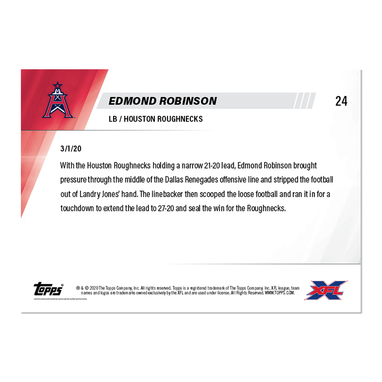 Alternative view of Edmond Robinson - XFL TOPPS NOW Card 24 - Print Run: 156
