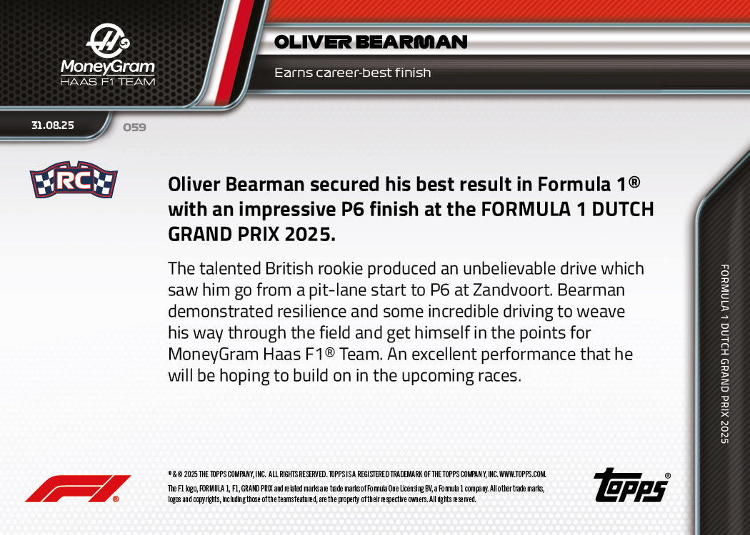 Oliver Bearman - 2025 Formula 1 Topps NOW - Card 59 - PR: 2017 - Image 7