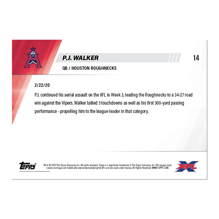 P.J. Walker - XFL TOPPS NOW Card 14 - Print Run: 259 - Image 2