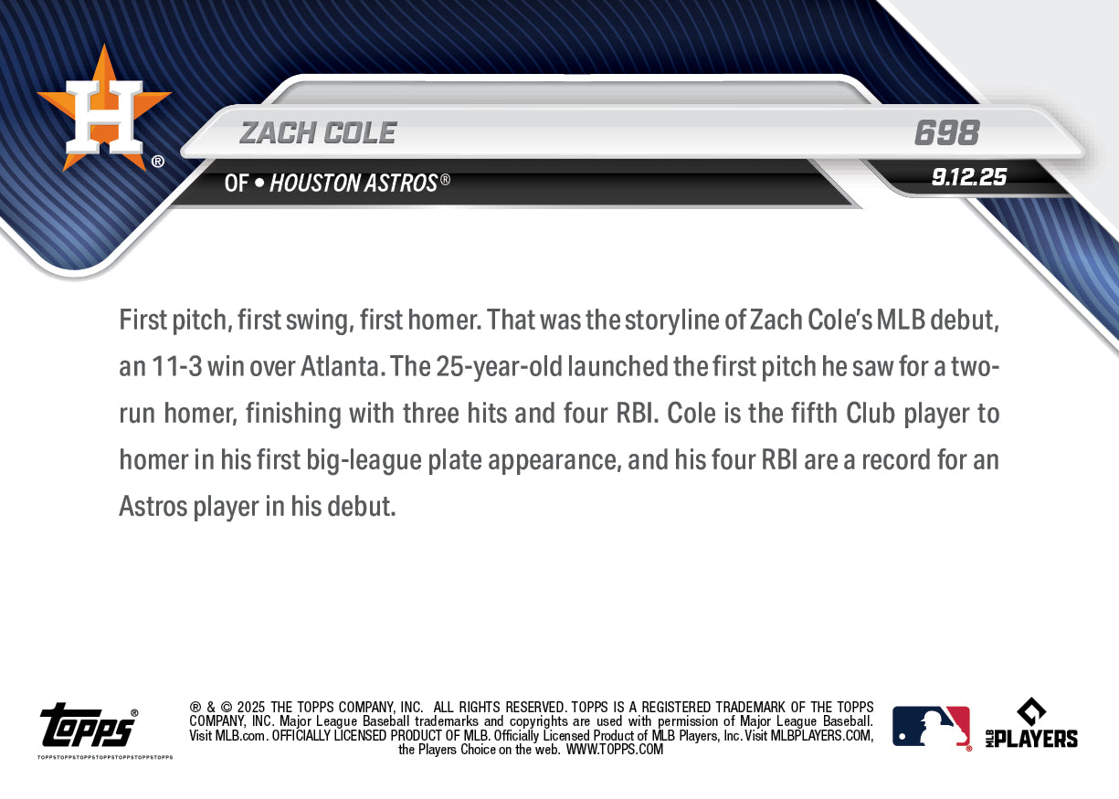 Alternative view of Zach Cole - 2025 MLB Topps NOW - Card 698 - PR: 2198