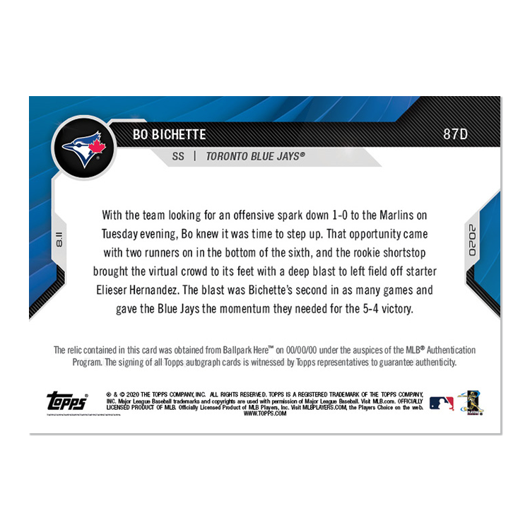 On-Card Auto Ball Relic # to 5 - Bo Bichette - MLB TOPPS NOW Card 87E - Image 2