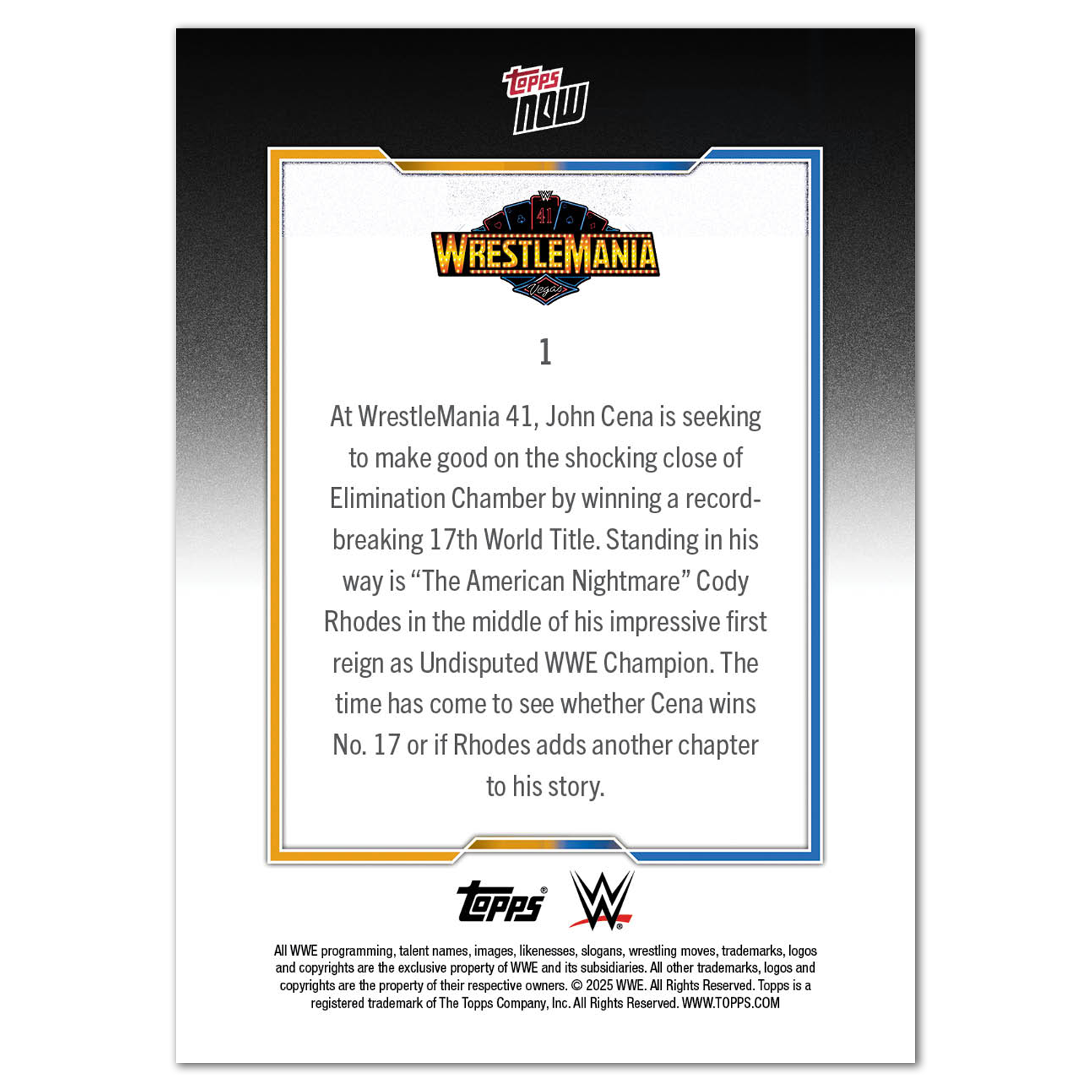 Cody Rhodes/John Cena - 2025 WWE Topps NOW - Card WM1 - PR: 5098 - Image 3
