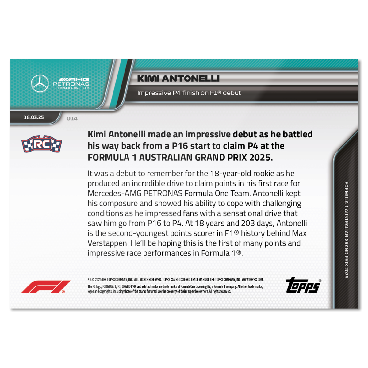 Kimi Antonelli - 2025 Formula 1 Topps NOW Card 14 - PR: 7291 - Image 2