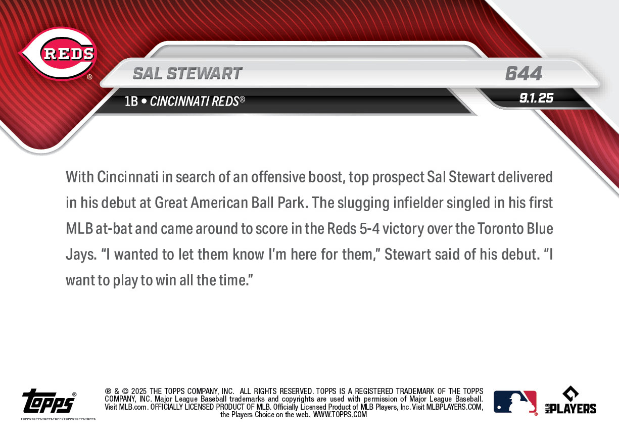 Sal Stewart - 2025 MLB Topps NOW - Card 644 - PR: 1884 - Image 2
