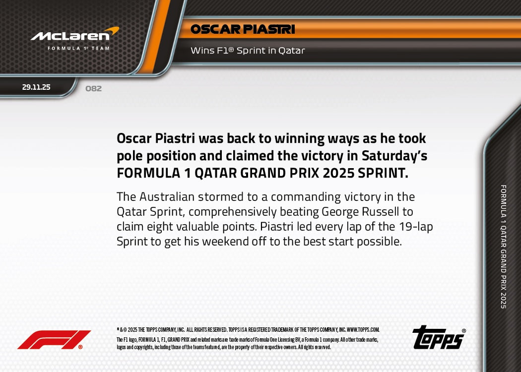 Oscar Piastri - 2025 Formula 1 Topps NOW - Card 82 - PR: 2227 - Image 7