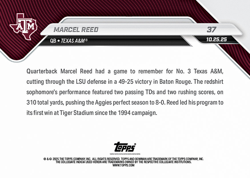 Marcel Reed - 2025-26 Bowman U NOW Football - Card 37 - PR: 1426 - Image 3