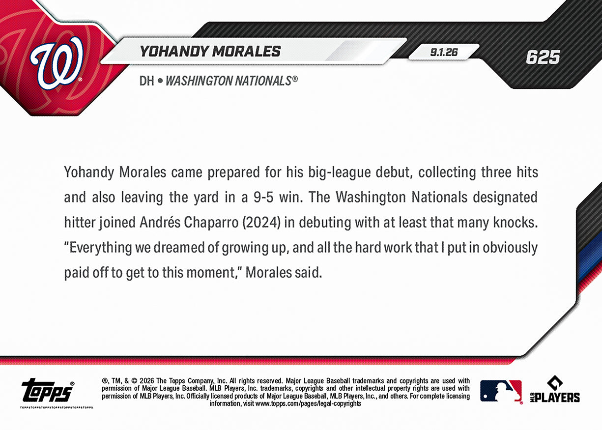 Alternative view of Yohandy Morales - 2026 MLB Topps NOW - Card 625 - PR: 1041
