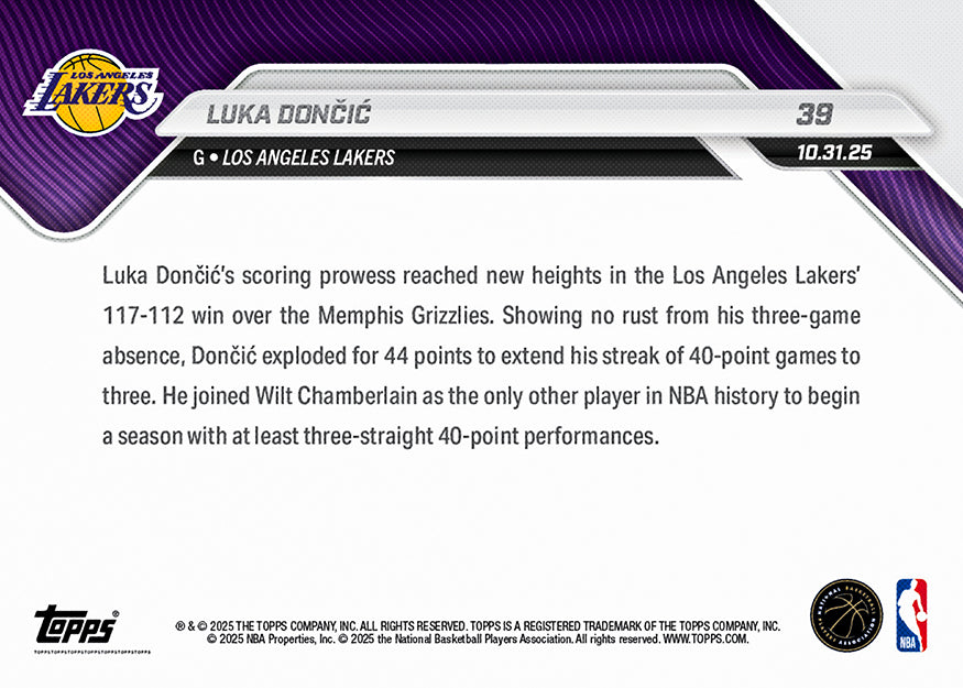 Luka Dončić - 2025-26 NBA Topps NOW - Card 39 - PR: 2167 - Image 2
