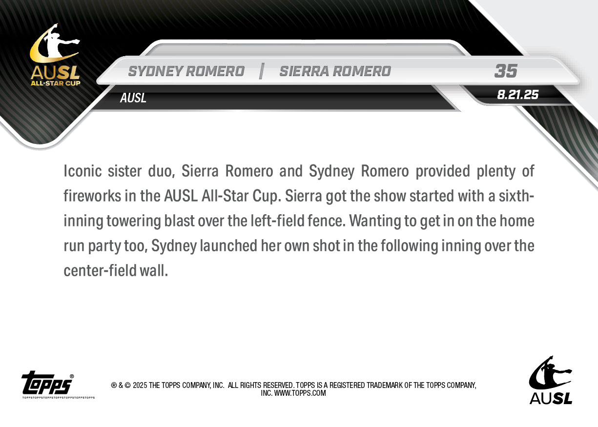 Sydney Romero/Sierra Romero - 2025 AUSL Topps NOW - Card 35 - PR: 708 - Image 2