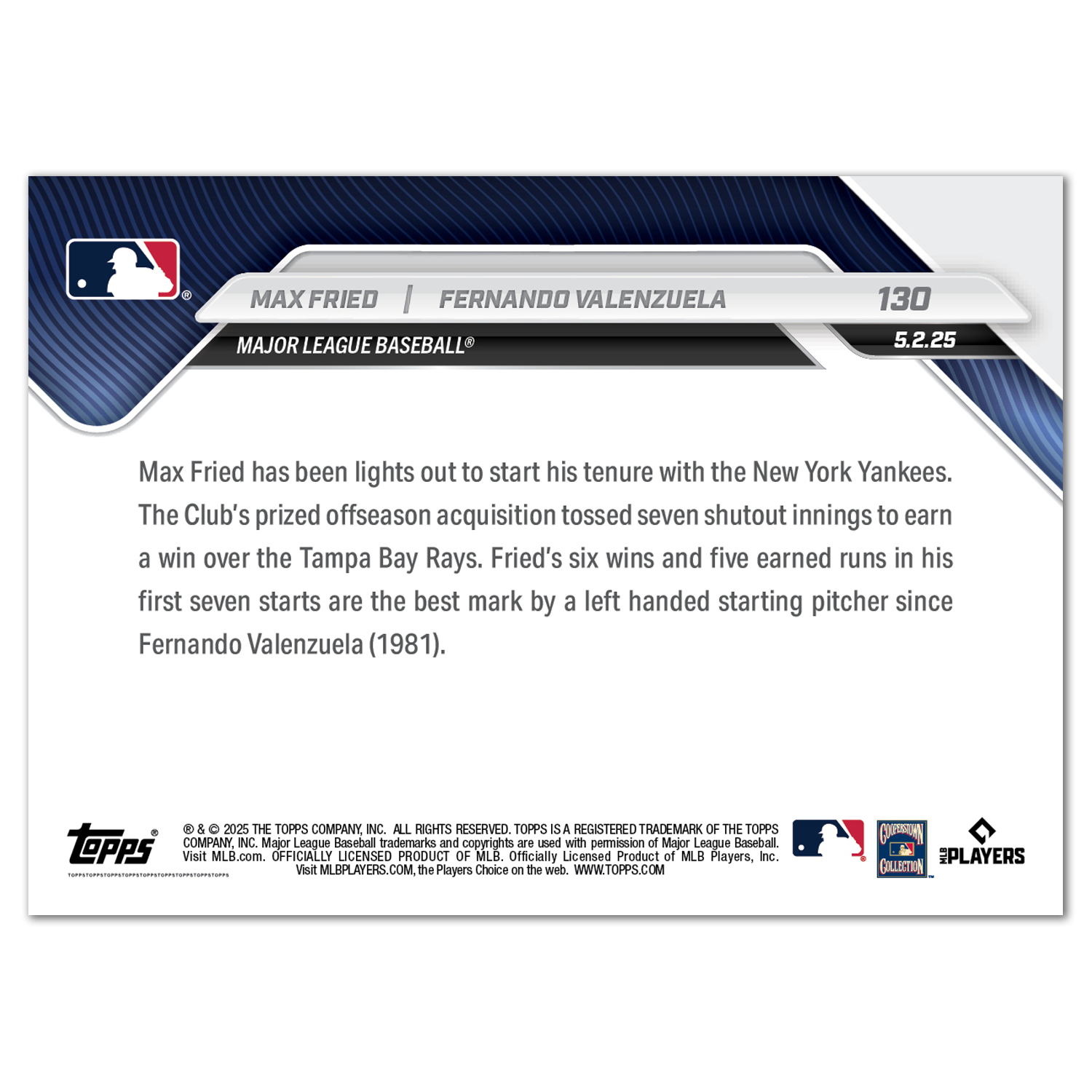 Max Fried/Fernando Valenzuela - 2025 MLB Topps NOW - Card 130 - PR: 900 - Image 2