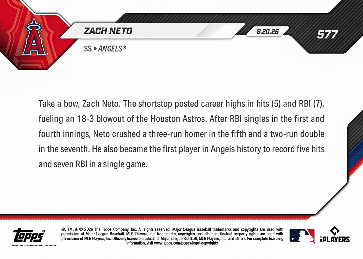 Alternative view of Zach Neto - 2026 MLB Topps NOW - Card 577 - PR: 505