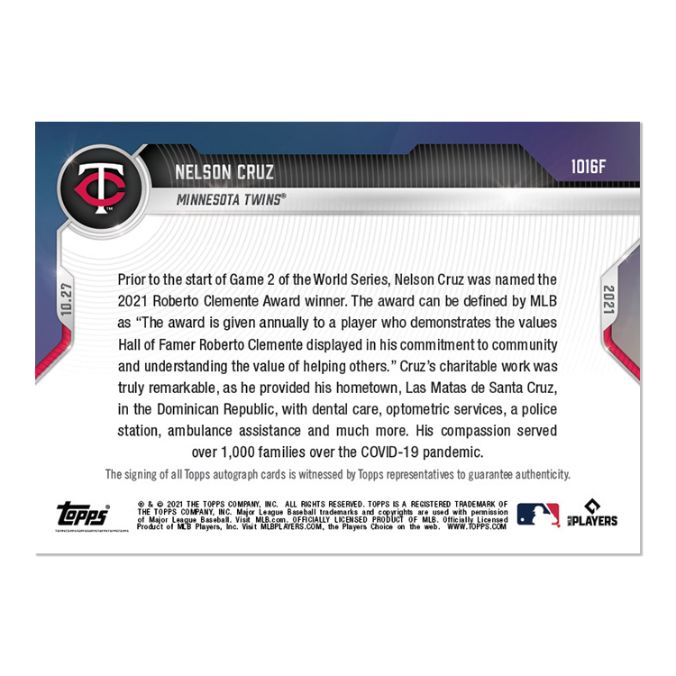 On-Card Auto # to 1 - Nelson Cruz - 2021 MLB TOPPS NOW Card 1016F - Image 2