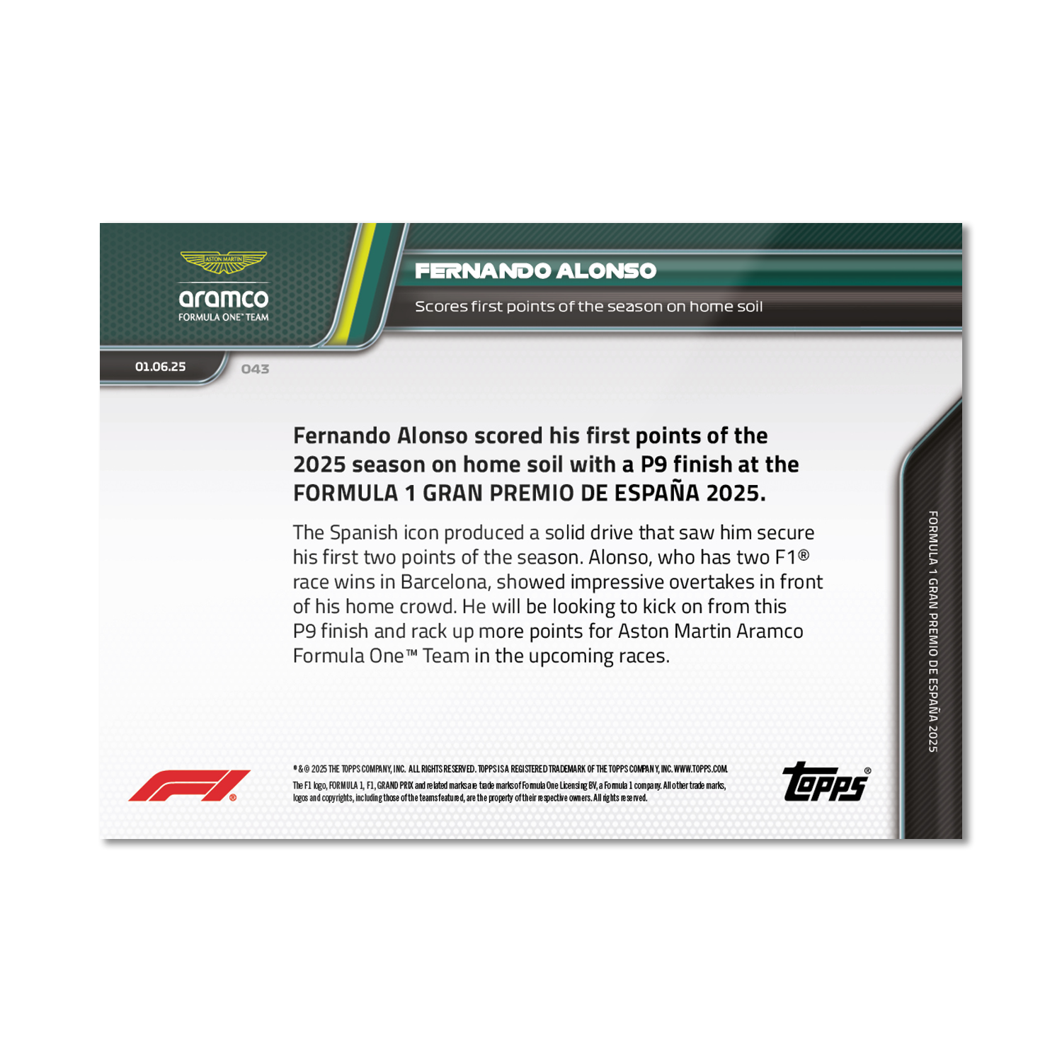 Fernando Alonso - 2025 Formula 1 Topps NOW - Card 43 - PR: 707 - Image 7
