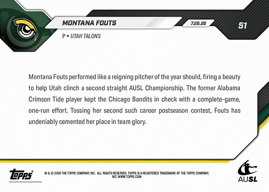 Montana Fouts - 2026 AUSL Topps NOW - Card 51 - PR: 1583 - Image 3