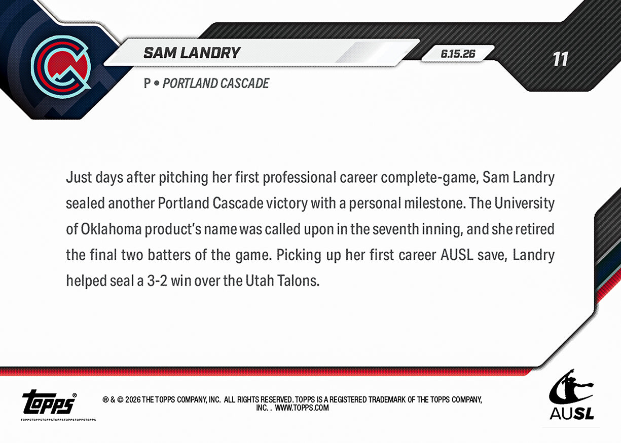 Alternative view of Sam Landry - 2026 AUSL Topps NOW - Card 11 - PR: 689
