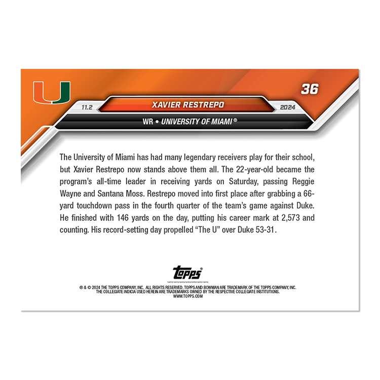 Alternative view of Xavier Restrepo - 2024 Bowman U NOW Football Card 36 - PR: 736
