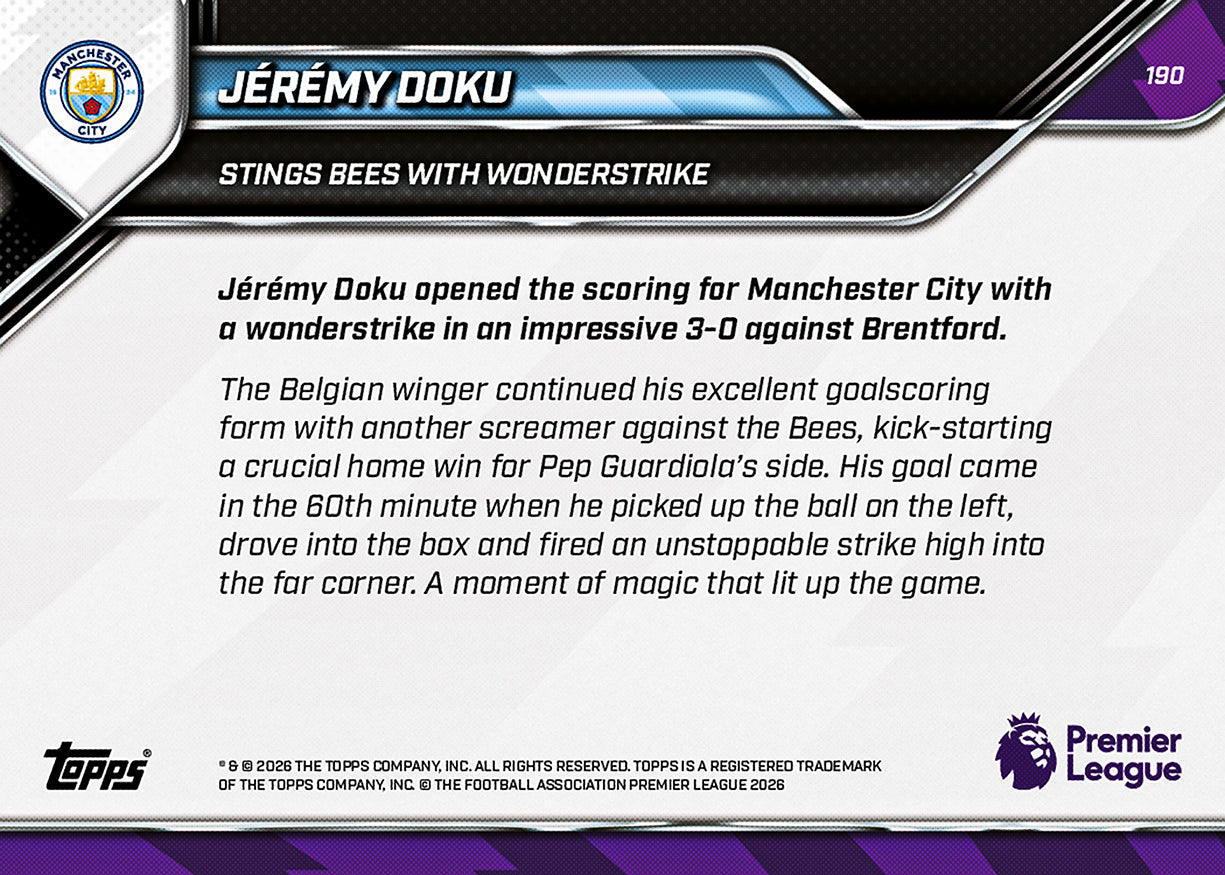 Jérémy Doku - 2025-26 Premier League Topps NOW - Card 190 - PR: 317 - Image 7