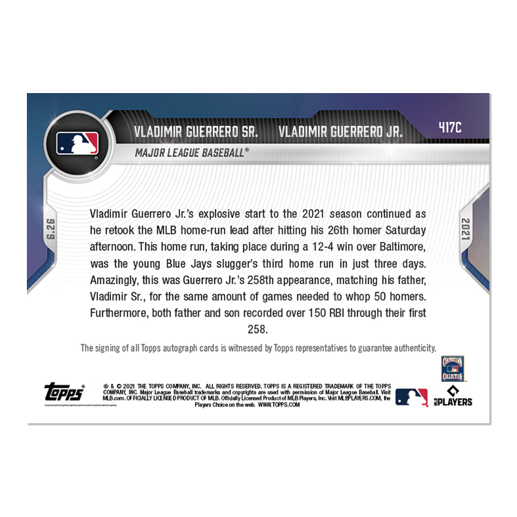On-Card Auto # to 10 - Vladimir Guerrero Sr./Vladimir Guerrero Jr. - 2021 MLB TOPPS NOW Card 417C - Image 2