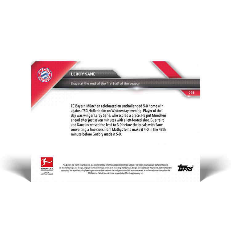 Leroy Sané - Brace at the end of the first half of the season - 24/25 Bundesliga Topps NOW Card 98 - PR: 84 - Image 2