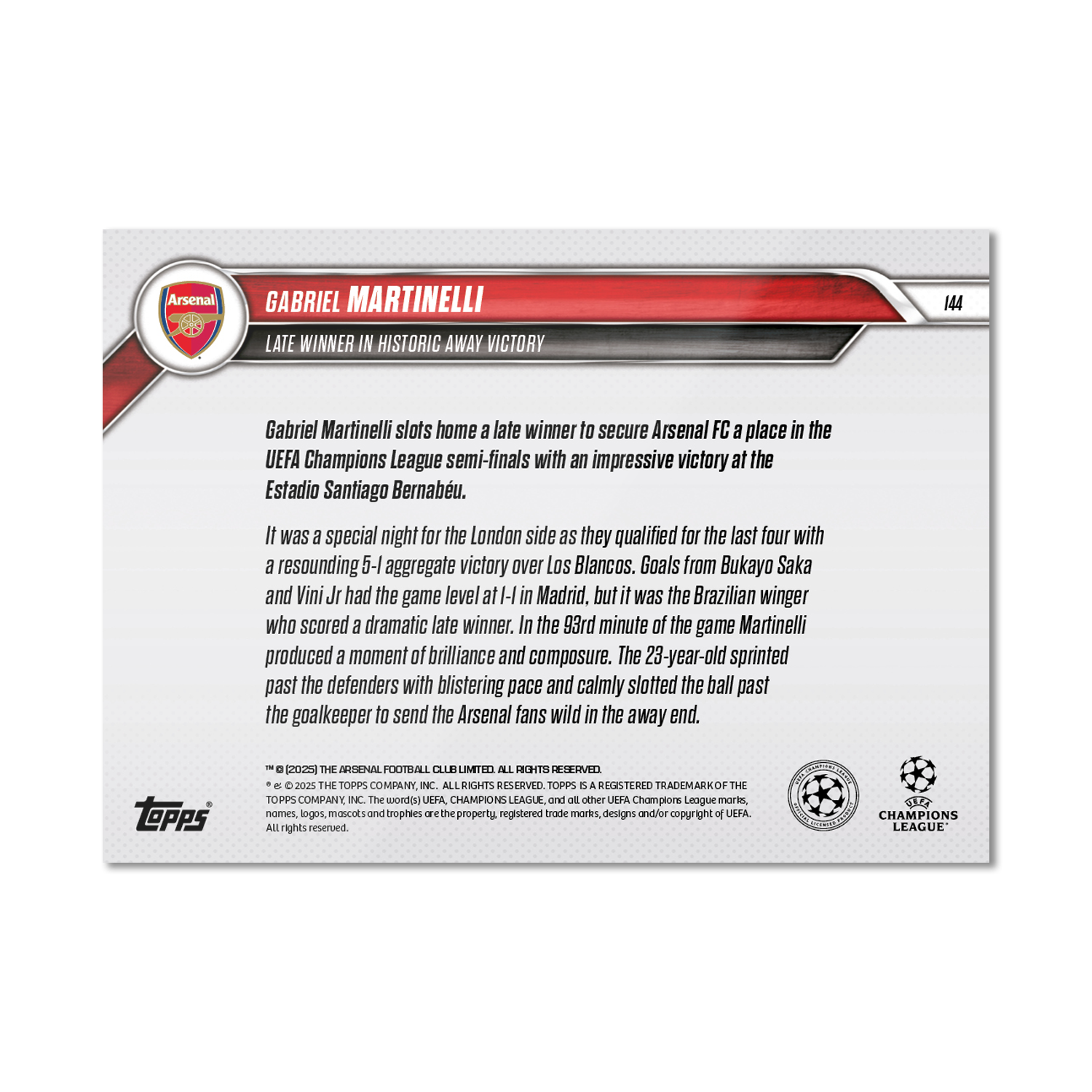 Gabriel Martinelli - 2024-25 UCL Topps NOW - Card 144 - PR: 590 - Image 7