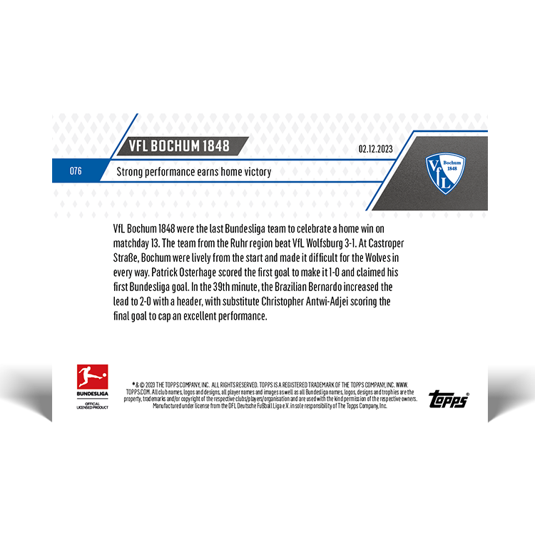 Alternative view of VfL Bochum 1848 - Strong performance earns home victory - Bundesliga TOPPS NOW Card #76 - PR: 95