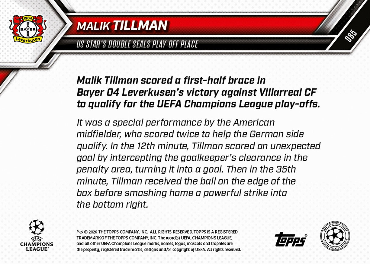 Malik Tillman - 2025-26 UCL Topps NOW - Card 85 - PR: 119 - Image 7