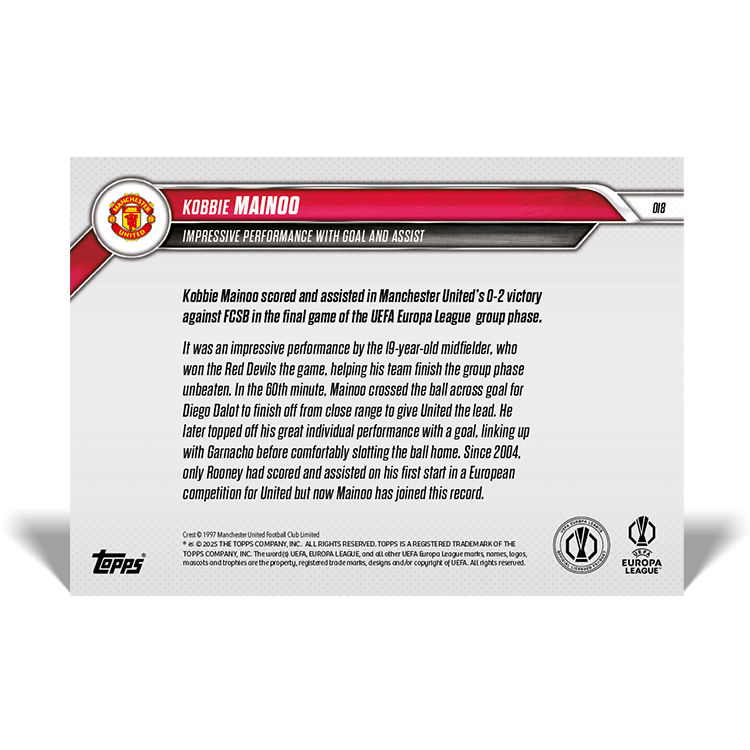 Kobbie Mainoo - Impressive performance with goal and assist - 24/25 UEL TOPPS NOW Card 18 - PR: 249 - Image 2