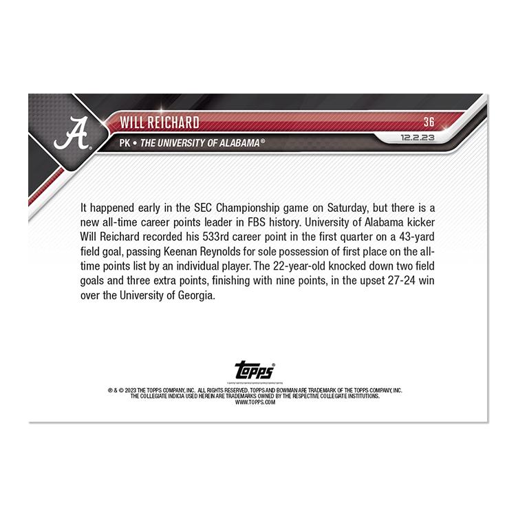 Alternative view of Will Reichard - 2023 Bowman U NOW Football Card 36 - PR: 542