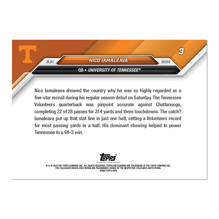 Alternative view of Nico Iamaleava - 2024 Bowman U NOW Football Card 3 - PR: 4875