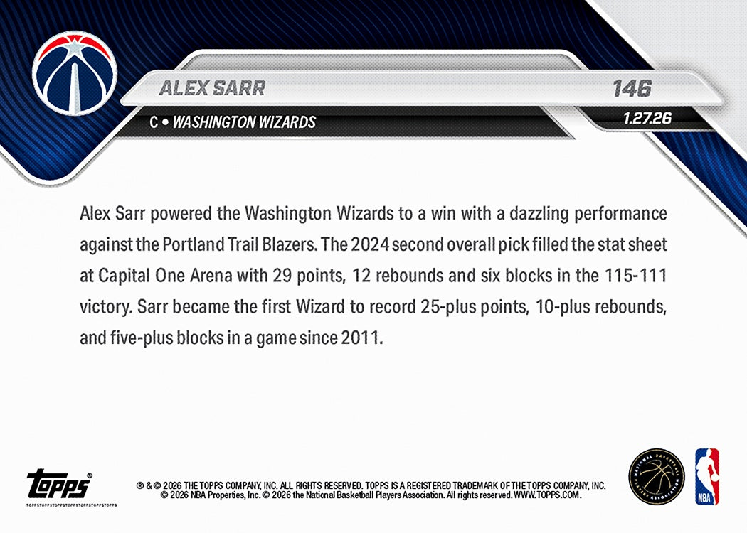Alex Sarr - 2025-26 NBA Topps NOW - Card 146 - PR: 460 - Image 2