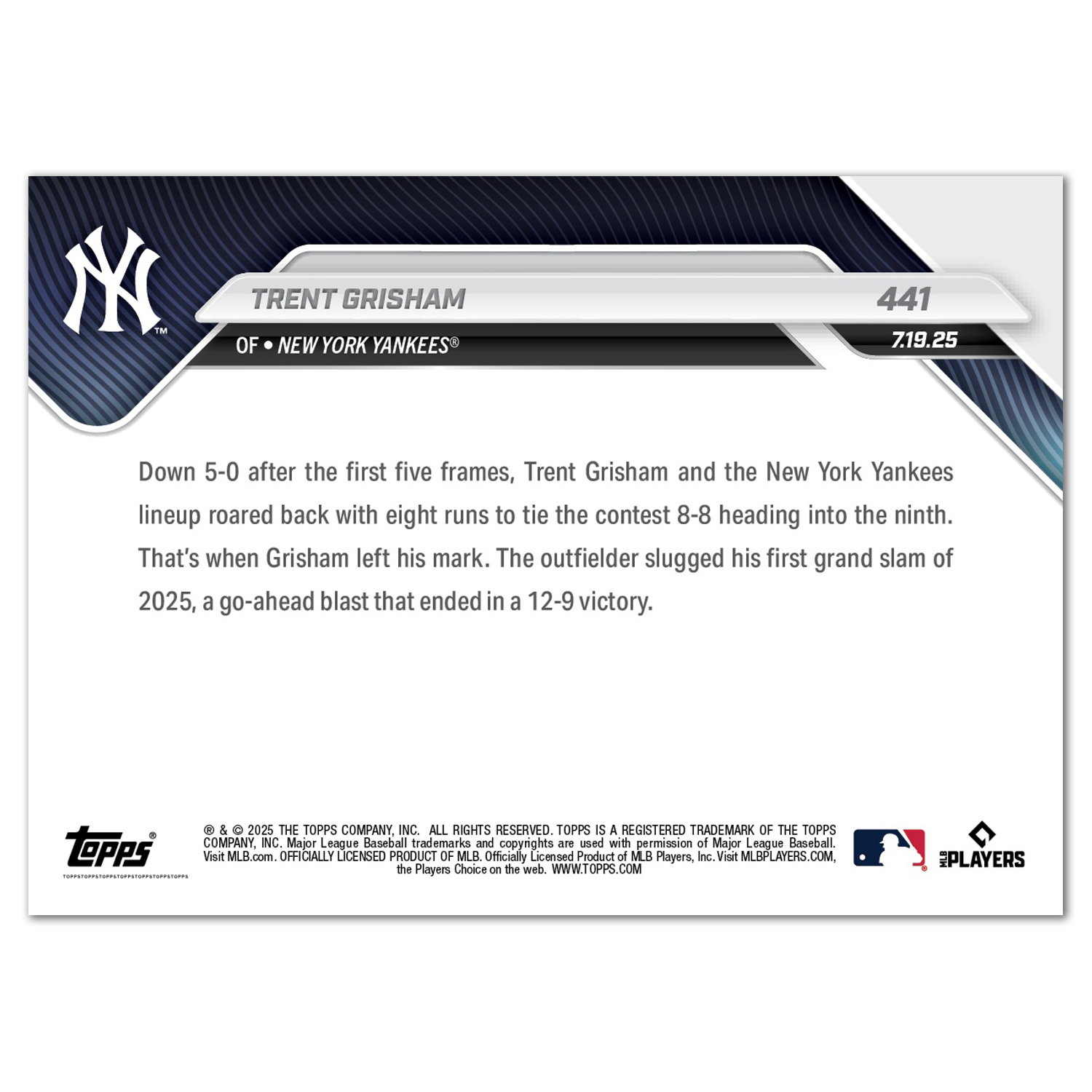 Trent Grisham - 2025 MLB Topps NOW - Card 441 - PR: 639 - Image 2