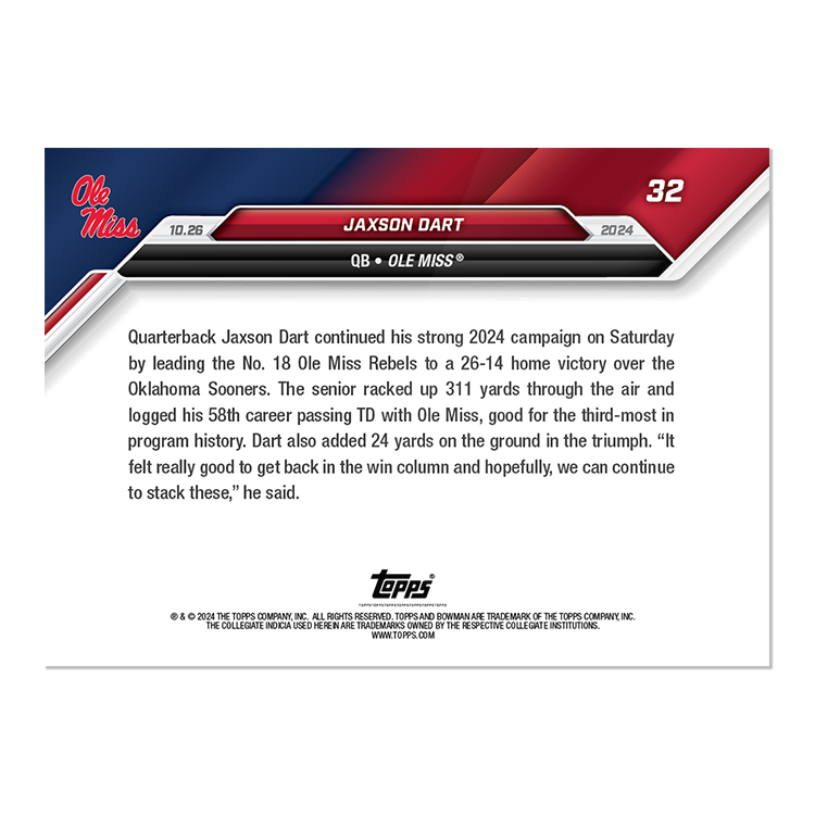 Jaxson Dart - 2024 Bowman U NOW Football Card 32 - PR: 307 - Image 2