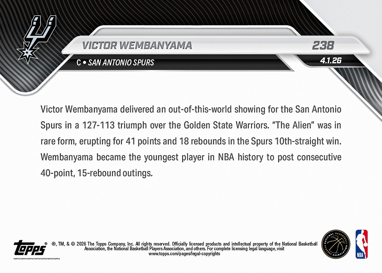 Alternative view of Victor Wembanyama - 2025-26 NBA Topps NOW - Card 238 - PR: 3693