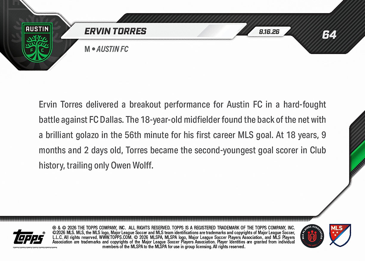 Ervin Torres - 2026 MLS Topps NOW - Card 64 - PR: 431 - Image 2