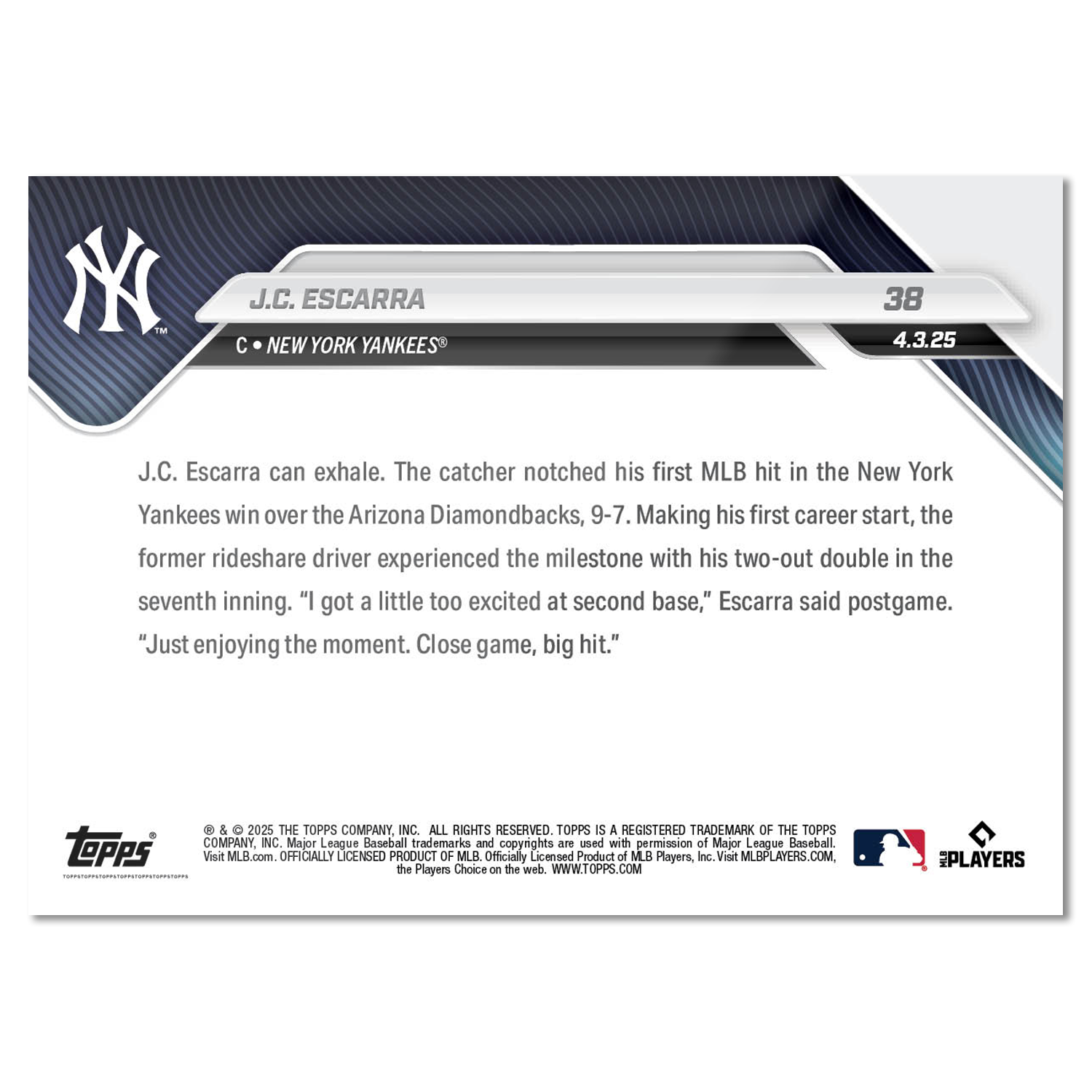 J.C. Escarra - 2025 MLB Topps NOW - Card 38 - PR: 1501 - Image 2